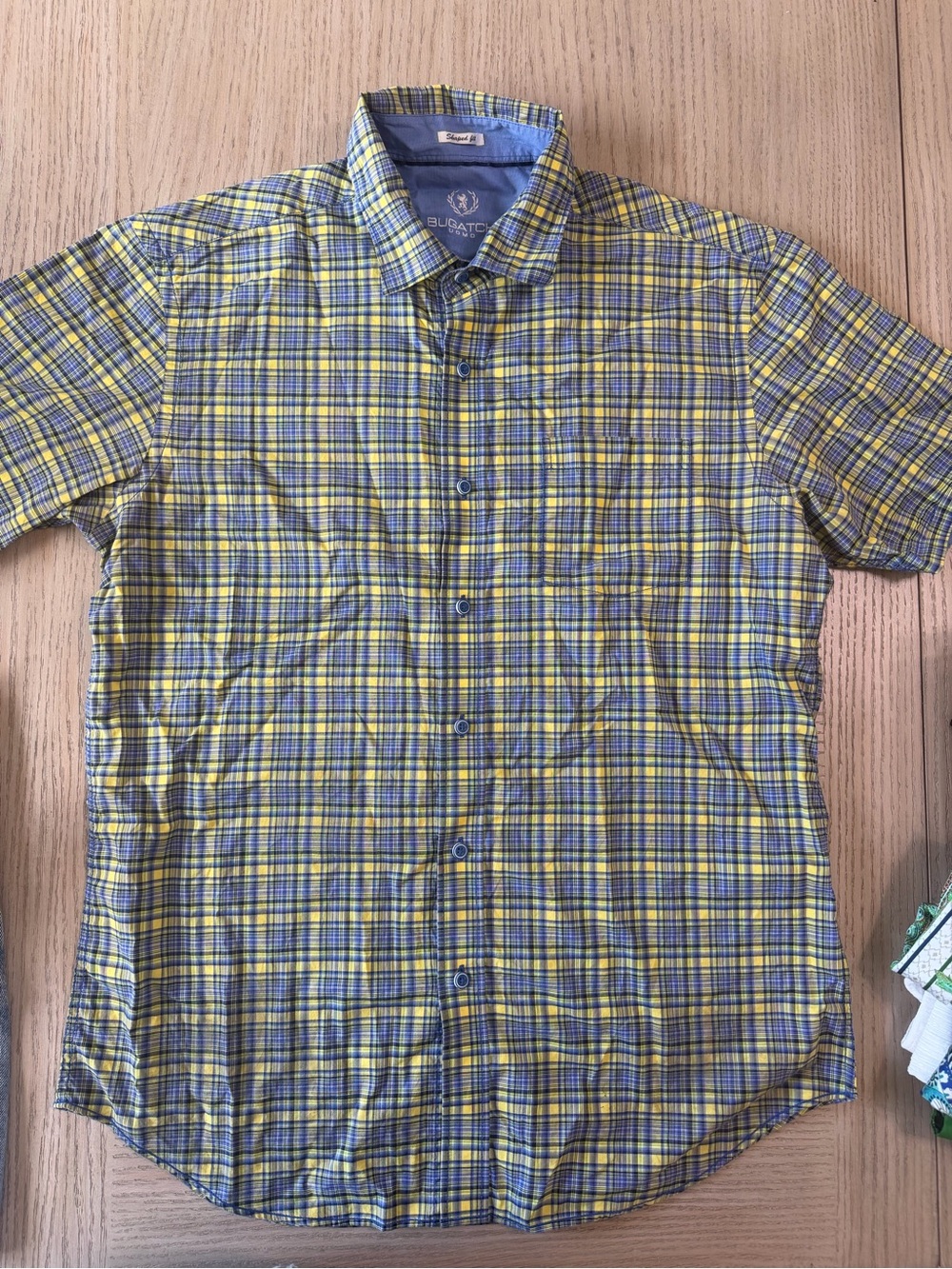 Bugatchi Yellow and Blue Plaid Short-Sleeve Button-Down Shirt